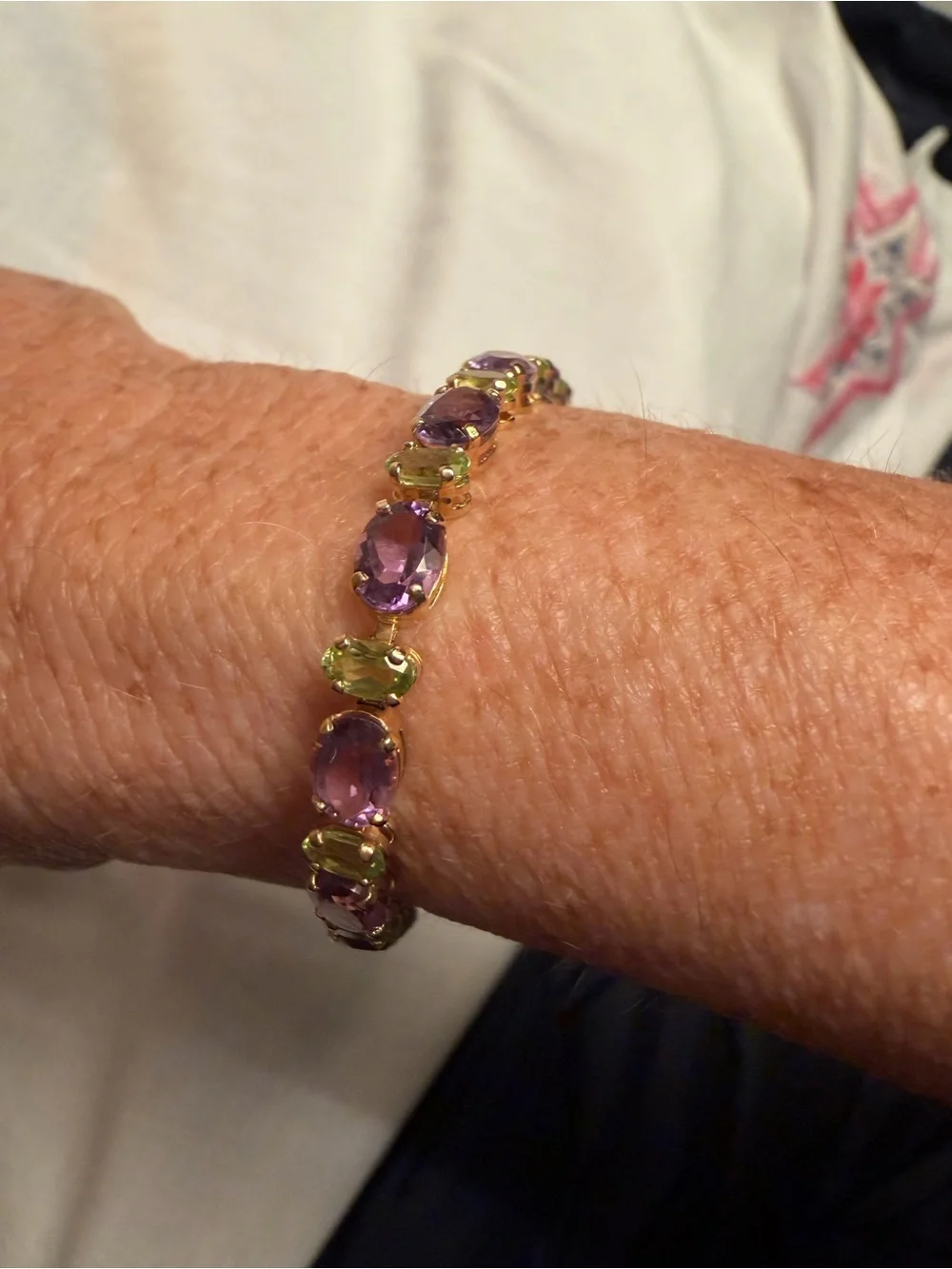 14K Yellow Gold Amethyst Peridot Tennis Bracelet 8.25” 33 Stones Box Clasp